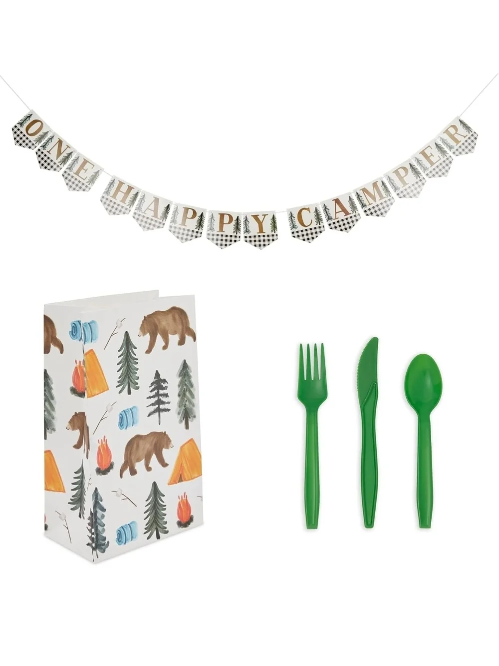 One Happy Camper Paper Party Plates, Cups & Napkins - Green Cutlery & More